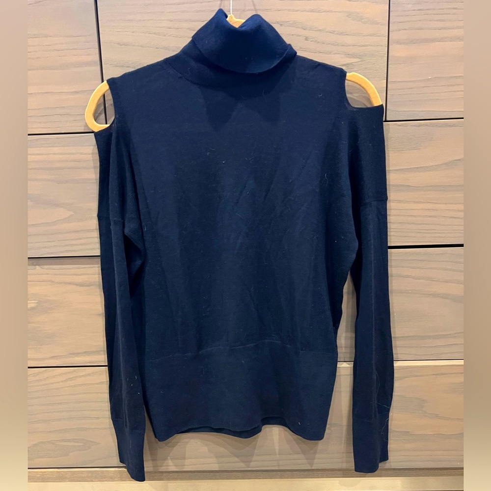 VINCE Dark Blue Split Shoulder Lightweight Turtleneck Wool Sweater Size XS
